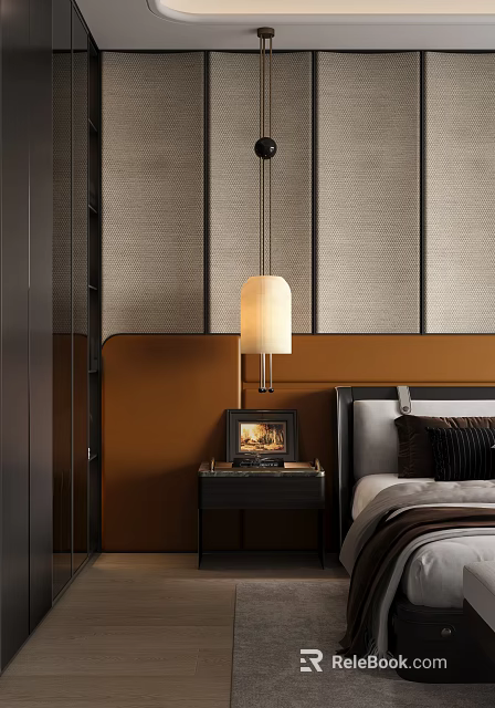 Modern Bedroom Interior With Brown Headboard Wall White Pendant Light And Decorative Painting On Nightstand 3d model 