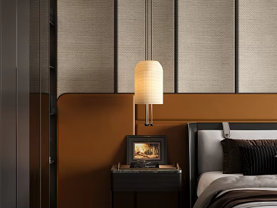 Modern Bedroom Interior With Brown Headboard Wall White Pendant Light And Decorative Painting On Nightstand 3d model