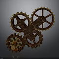 Three Brown And Yellow Rusty Interlocking Gears With Complex Structure