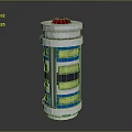 Mechanical Device Structure with Red Top Yellow Black Stripes and Blue Elements Metallic Cylindrical Design