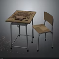 Wooden Student Desk And Chair With Metal Frame And Wood Shavings On Tabletop