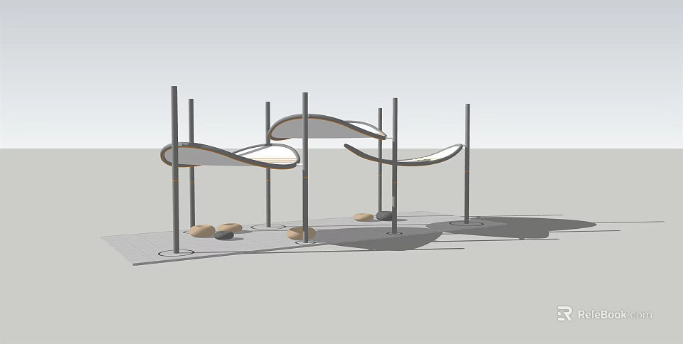 Modern Outdoor Structure With Curved White Canopies Black Poles And Ground Stones 3d model 
