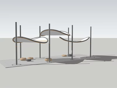 Modern Outdoor Structure With Curved White Canopies Black Poles And Ground Stones 3d model