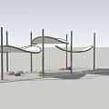 Modern Outdoor Structure With Curved White Canopies Black Poles And Ground Stones