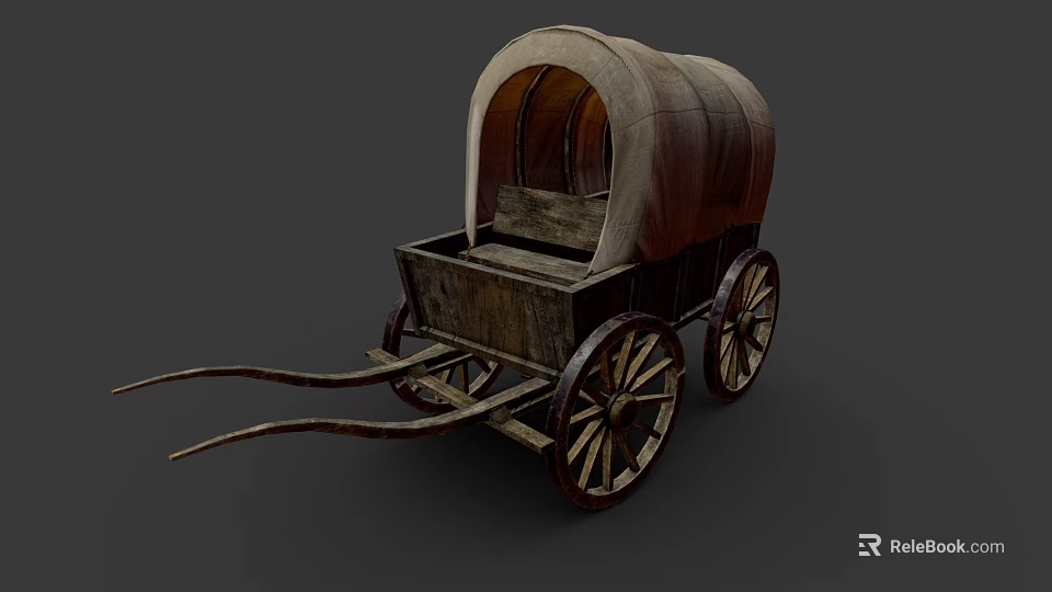 Vintage Wooden Covered Wagon With Curved Roof And Wooden Spoked Wheels 3d model 
