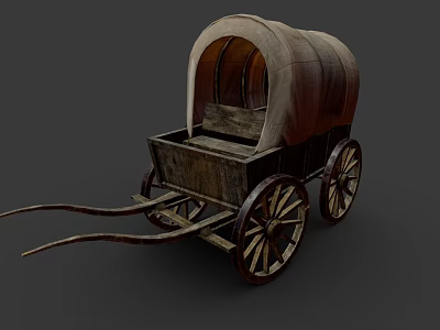 Vintage Wooden Covered Wagon With Curved Roof And Wooden Spoked Wheels 3d model
