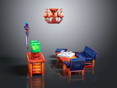 Pixel Art Style Blue Sofa Coffee Table Set With Side Table Chandelier And Decorative Cube 3d model
