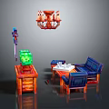 Pixel Art Style Blue Sofa Coffee Table Set With Side Table Chandelier And Decorative Cube