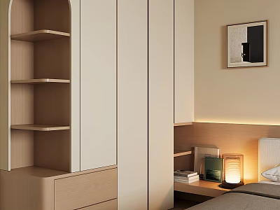 Modern Minimalist Cream Wardrobe With Open Storage Shelves And Integrated Bedside Table For Cozy Bedroom 3d model