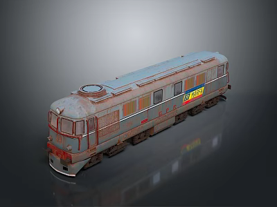 Vintage Rusty Train Model with Blue Roof and Yellow Red Logo on Dark Surface 3d model
