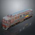 Vintage Rusty Train Model with Blue Roof and Yellow Red Logo on Dark Surface