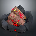 Burning Building Components With Black Stones And Red Gold Textured Bricks 3d model