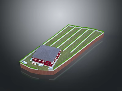 3D Farm Layout With Red Building Green Planting Fields And Boundary 3d model