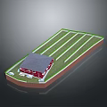 3D Farm Layout With Red Building Green Planting Fields And Boundary