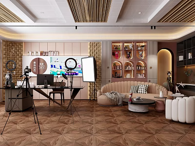 Modern Public Office Space Interior With Open Workstations Sofa And Bookshelves 3d model
