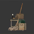 Traditional Household Items With Wooden Table Ceramic Containers Vintage Boxes And Coiled Rope