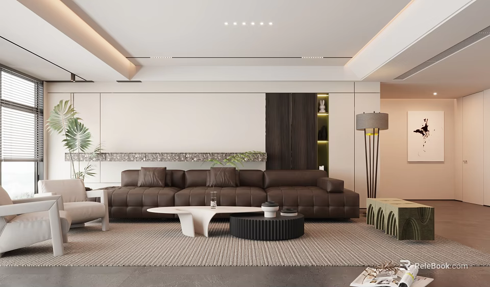 Modern Minimalist Living Room Interior With Brown Leather Sofa Coffee Table And Floor Lamp 3d model 