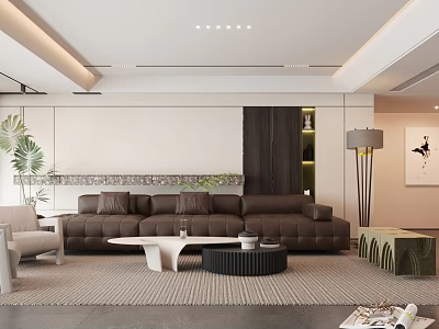 Modern Minimalist Living Room Interior With Brown Leather Sofa Coffee Table And Floor Lamp 3d model