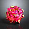 Fresh Pink Dragon Fruit with Green Leafy Tips and Textured Skin on Dark Reflective Background
