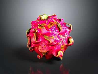 Fresh Pink Dragon Fruit with Green Leafy Tips and Textured Skin on Dark Reflective Background 3d model