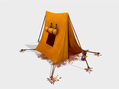 Orange Camping Tent With Door Rolled Blanket Small Kettle Pegs And Ropes On Leafy Ground 3d model