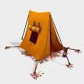 Orange Camping Tent With Door Rolled Blanket Small Kettle Pegs And Ropes On Leafy Ground