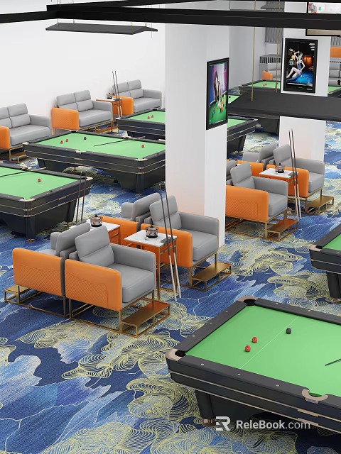 Billiard Room Interior With Orange Gray Sofas Blue Patterned Carpet And Tables 3d model