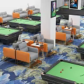 Billiard Room Interior With Orange Gray Sofas Blue Patterned Carpet And Tables 3d model
