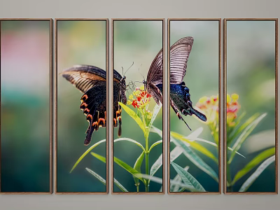 Vibrant Butterfly Animal Painting With Five Panel Design And Natural Green Plant Background 3d model