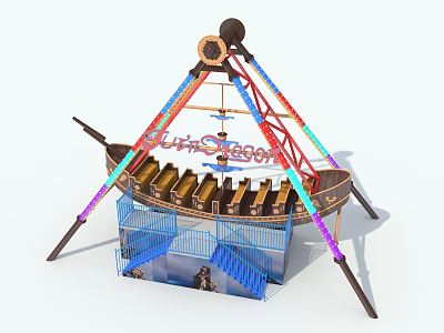 Amusement Park Pirate Ship Ride With Colorful Lights And Seats 3d model
