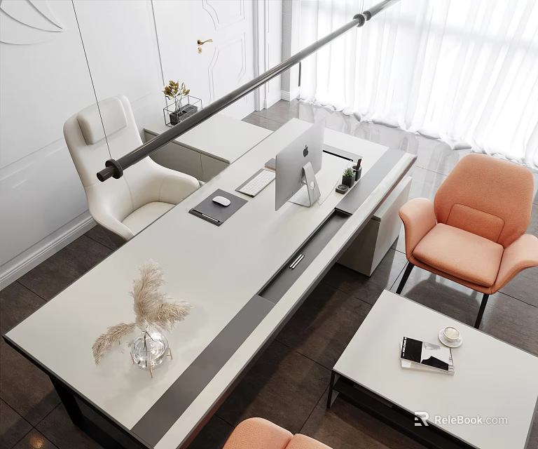 Modern Office Desk With White Tabletop Computer Chair And Decorative Vase And Orange Seating 3d model 