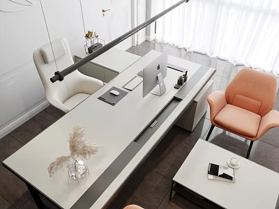 Modern Office Desk With White Tabletop Computer Chair And Decorative Vase And Orange Seating 3d model