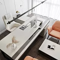 Modern Office Desk With White Tabletop Computer Chair And Decorative Vase And Orange Seating