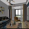Contemporary Living Dining Room Interior With Gray Sofa Colorful Pillows Blue Wall TV Chandelier
