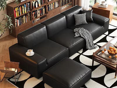 Black Leather Sofa Wooden Coffee Table Set With Ottoman Pillow Throw Blanket On Geometric Rug 3d model