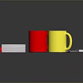 Essential Daily Supplies Including Red Yellow Mugs Red Folders Tape Documents And Remote Control