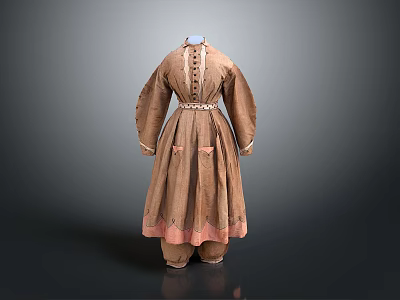 Traditional Vintage Dress With Long Sleeves Decorative Belt And Embroidery Details 3d model