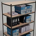Practical Multi Tiered Storage Shelving Unit With Black Binders And Blue Boxes 3d model