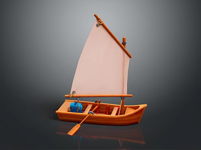 Wooden Toy Sailboat With White Sail Blue Cargo Oar And Reflection On Dark Surface 3d model