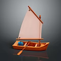 Wooden Toy Sailboat With White Sail Blue Cargo Oar And Reflection On Dark Surface