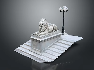 Classic Lion Statue On Stone Pedestal With Stairs And Street Lamp 3d model