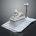 Classic Lion Statue On Stone Pedestal With Stairs And Street Lamp