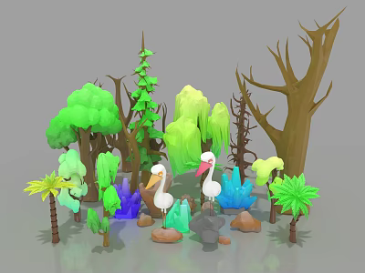 3D Cartoon Forest Scene With Various Plants White Birds And Colorful Stones 3d model