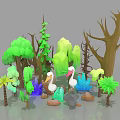 3D Cartoon Forest Scene With Various Plants White Birds And Colorful Stones