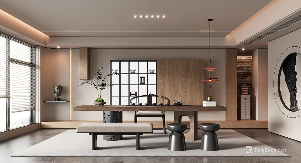 Modern Tea Room Interior With Wooden Table Stools Pendant Lights And Decorative Plant 3d model 