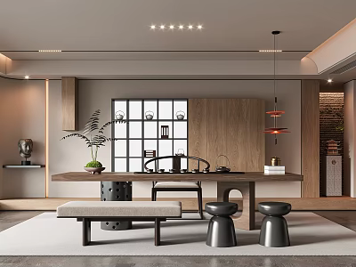 Modern Tea Room Interior With Wooden Table Stools Pendant Lights And Decorative Plant 3d model