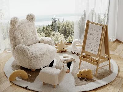 Plush Teddy Bear Single Sofa in Bright Kids Room with Easel Toys and Forest View 3d model