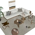 Modern Beige Sofa and Coffee Table Set With Throw Pillows Potted Plant and Side Table 3d model