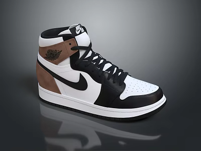 Stylish High Top Leather Sneakers Black White Brown Featuring Nike Swoosh and Jumpman Logo 3d model