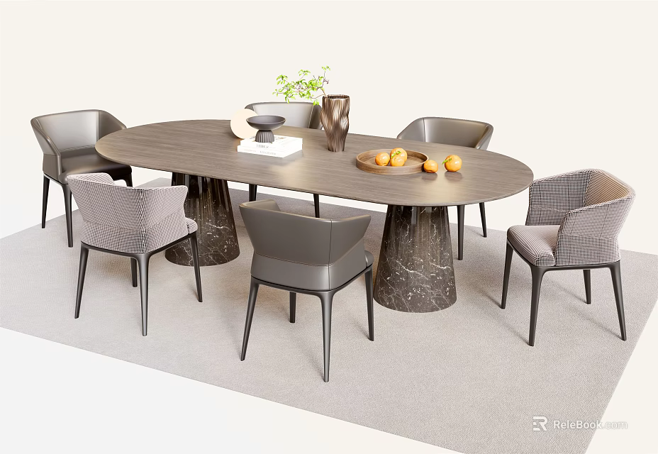Oval Dining Table Set With Six Chairs Marble Base Vase Fruits And Decorations 3d model 